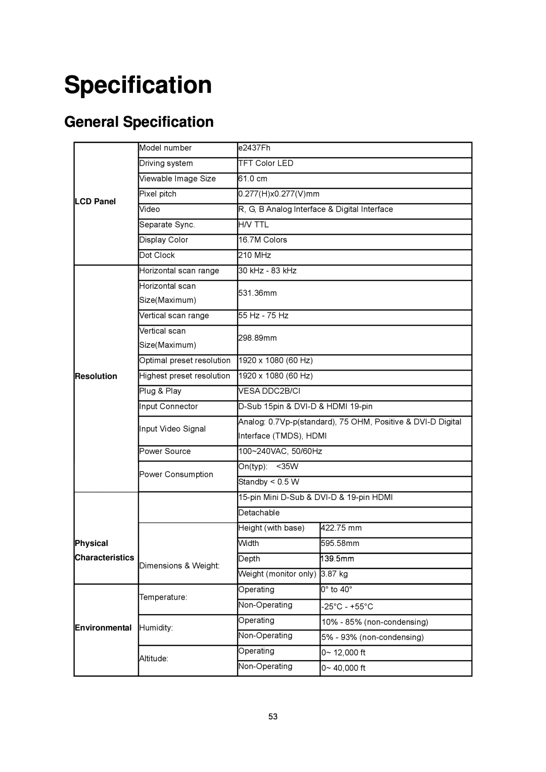 AOC E2437Fh manual General Specification 