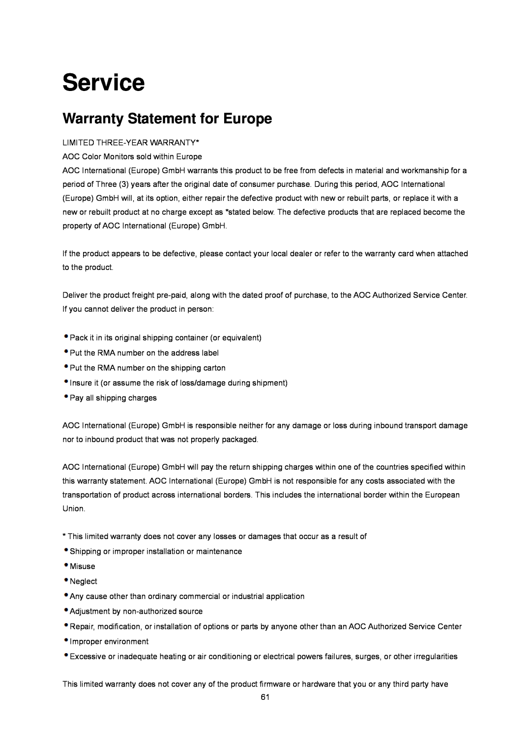 AOC E2437Fh manual Service, Warranty Statement for Europe 