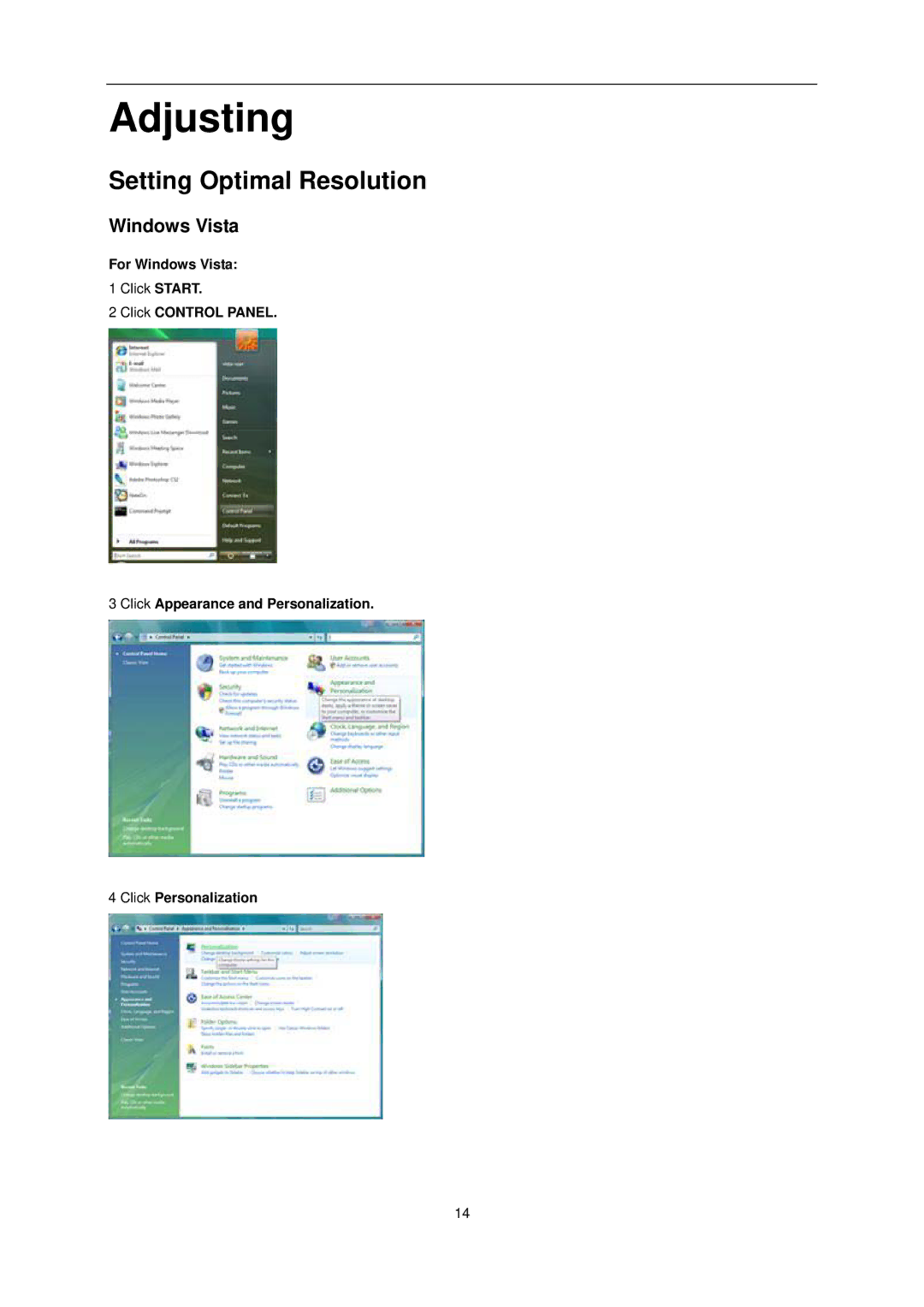 AOC e2752Vq manual Adjusting, Setting Optimal Resolution, For Windows Vista 