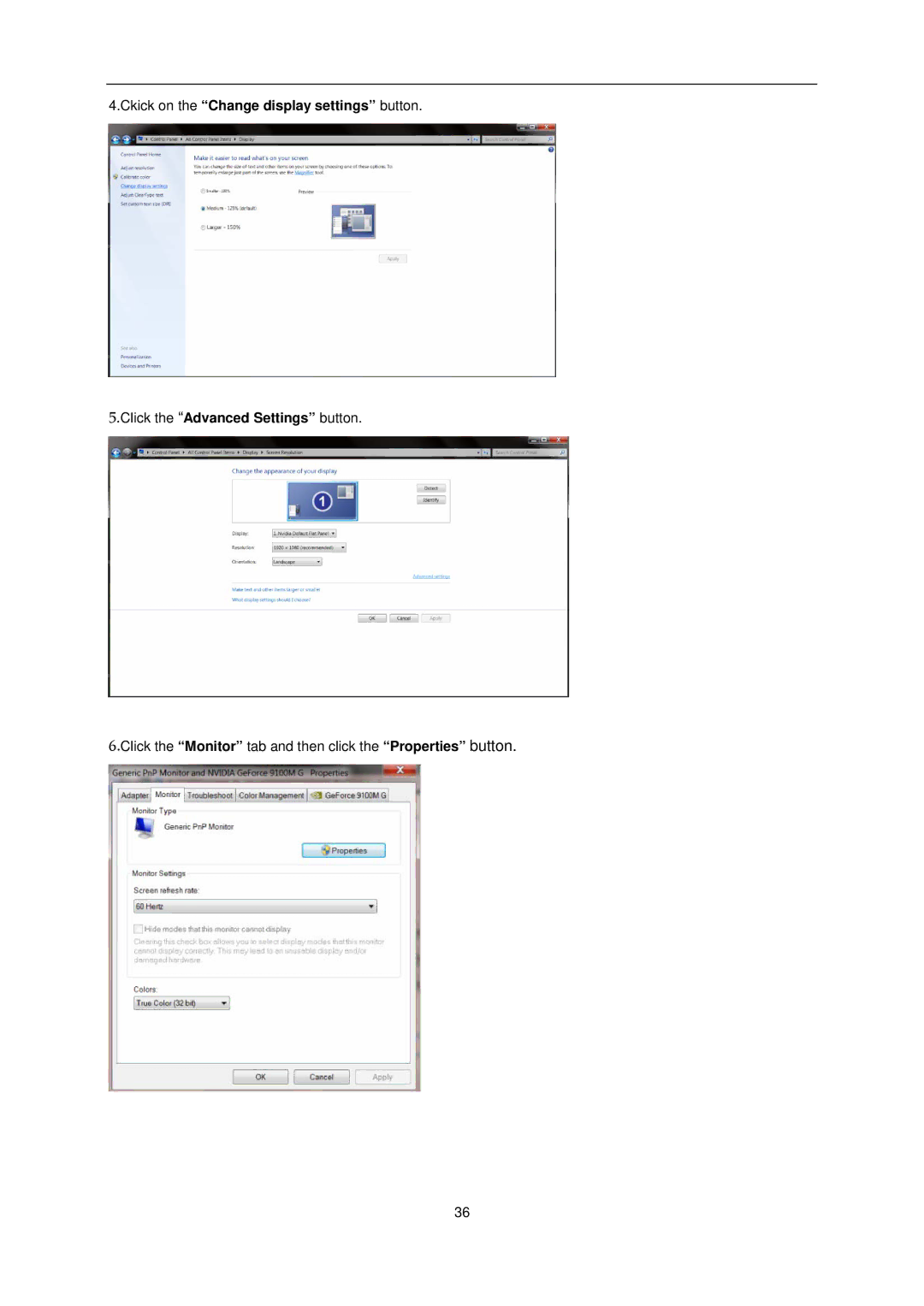 AOC e2752Vq manual Click the Monitor tab and then click the Properties button 