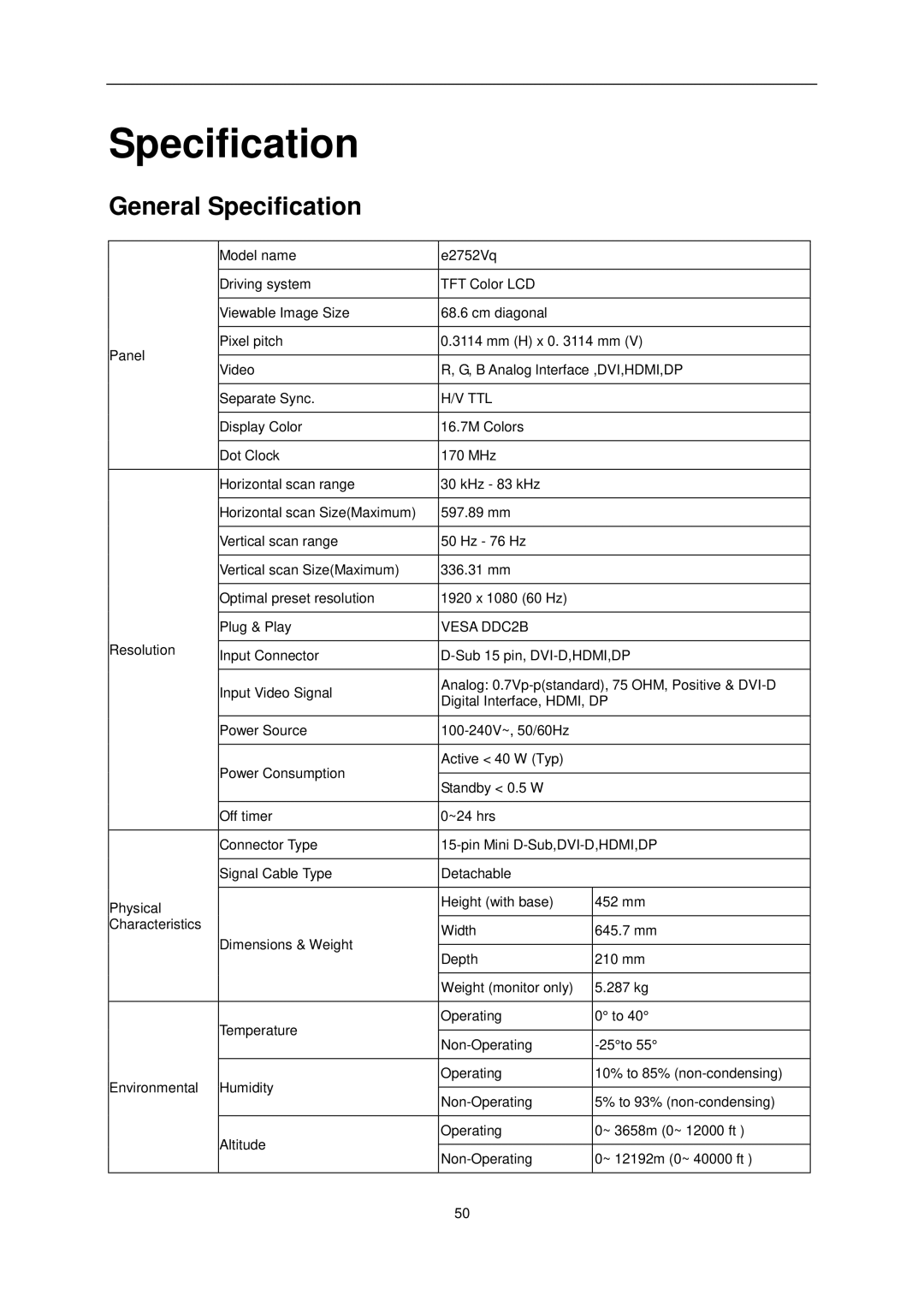 AOC e2752Vq manual General Specification 