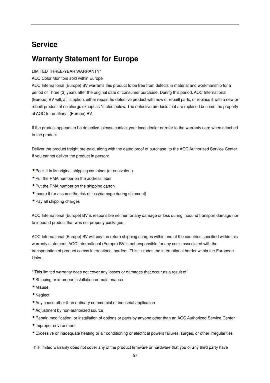 AOC e2752Vq manual Service Warranty Statement for Europe 