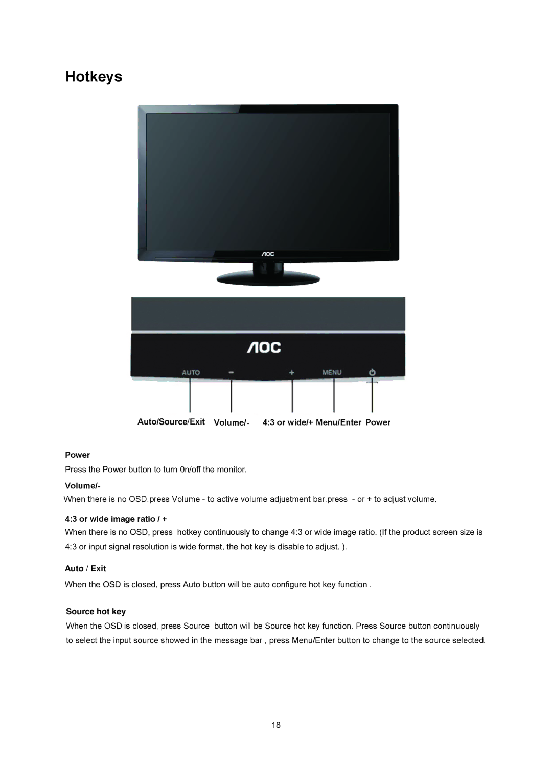 AOC E2795VH manual Hotkeys, Volume 