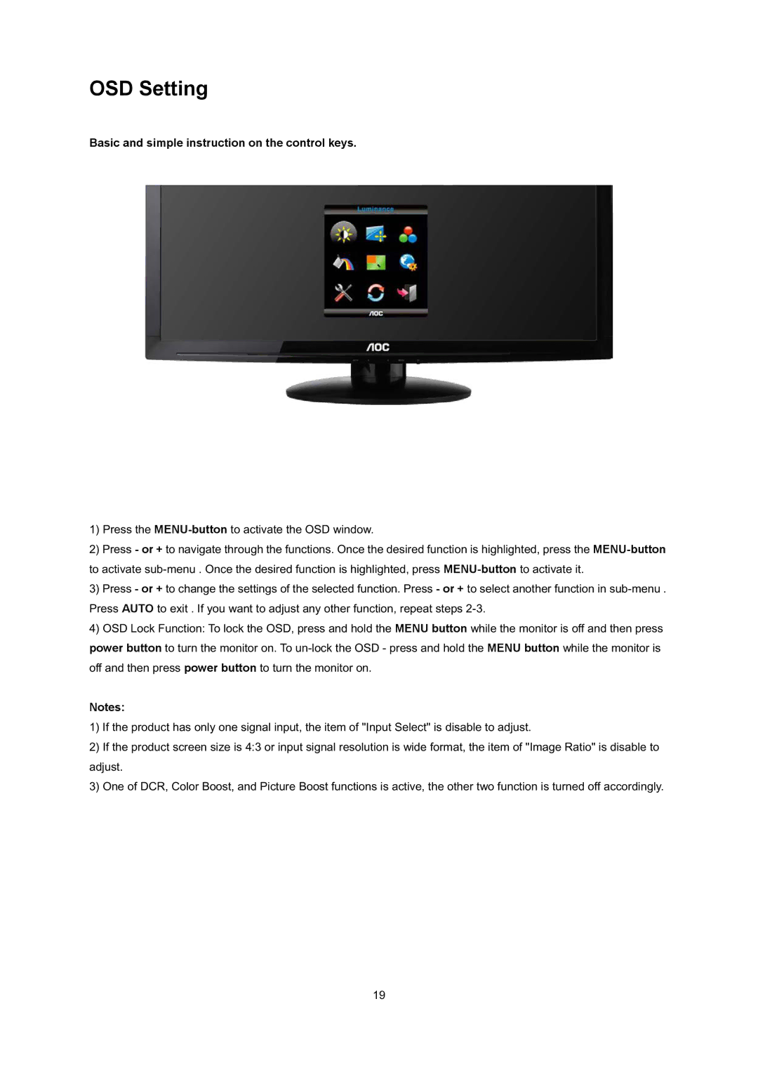 AOC E2795VH manual OSD Setting, Basic and simple instruction on the control keys 