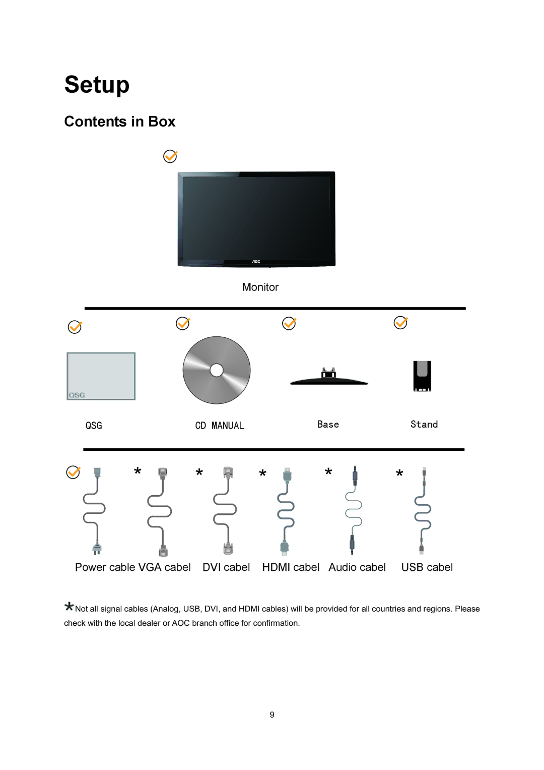 AOC E2795VH manual Setup, Contents in Box 