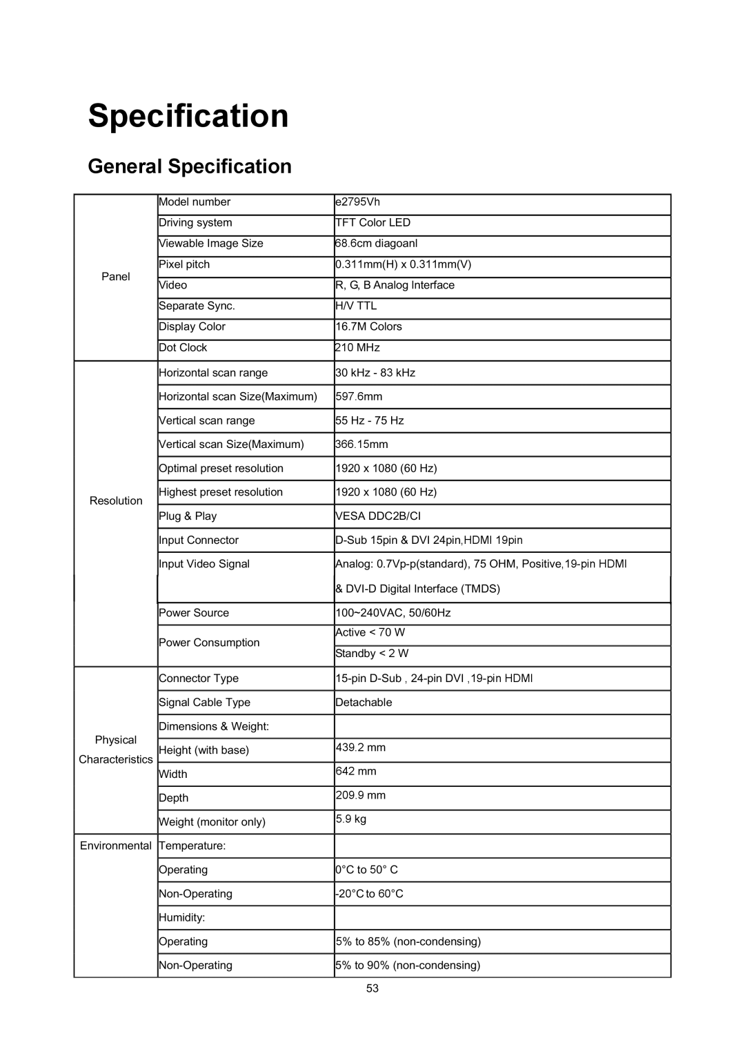 AOC E2795VH manual General Specification 