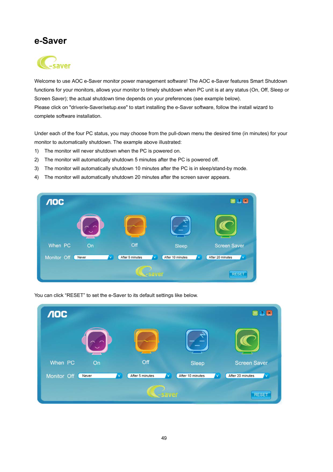 AOC E2795VH user manual Saver 