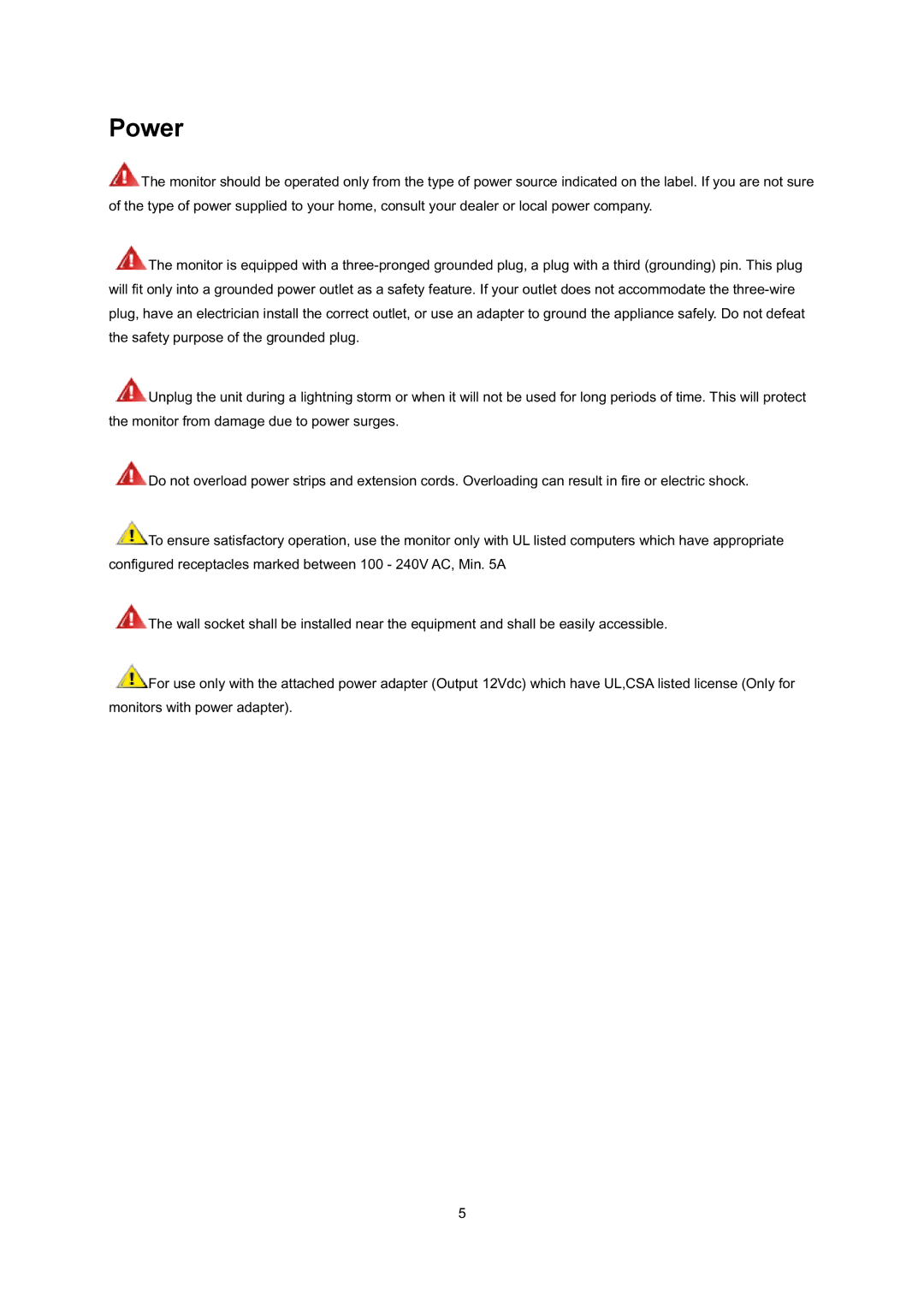 AOC E2795VH user manual Power 