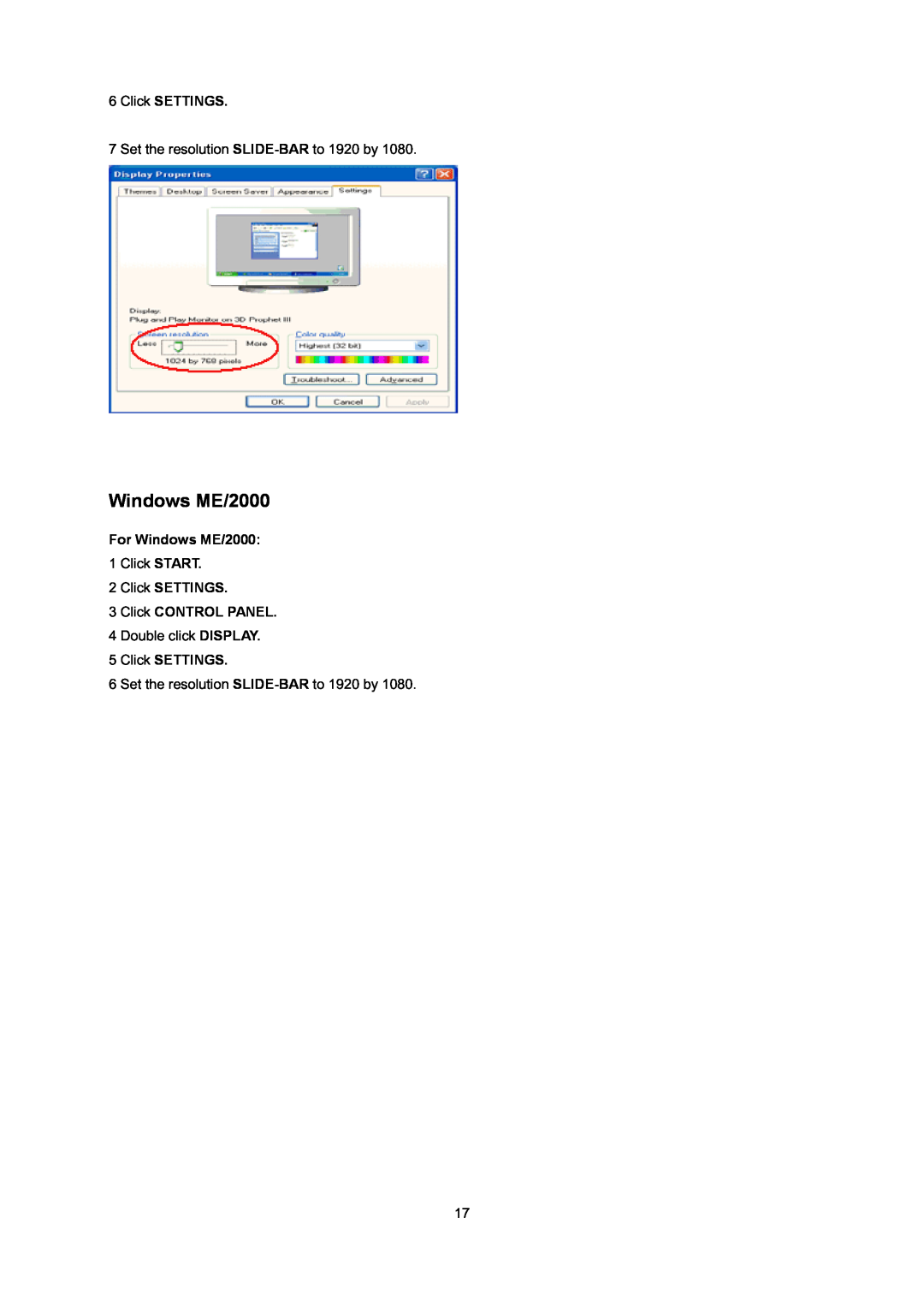 AOC E2795VH manual For Windows ME/2000, Click SETTINGS 3 Click CONTROL PANEL 