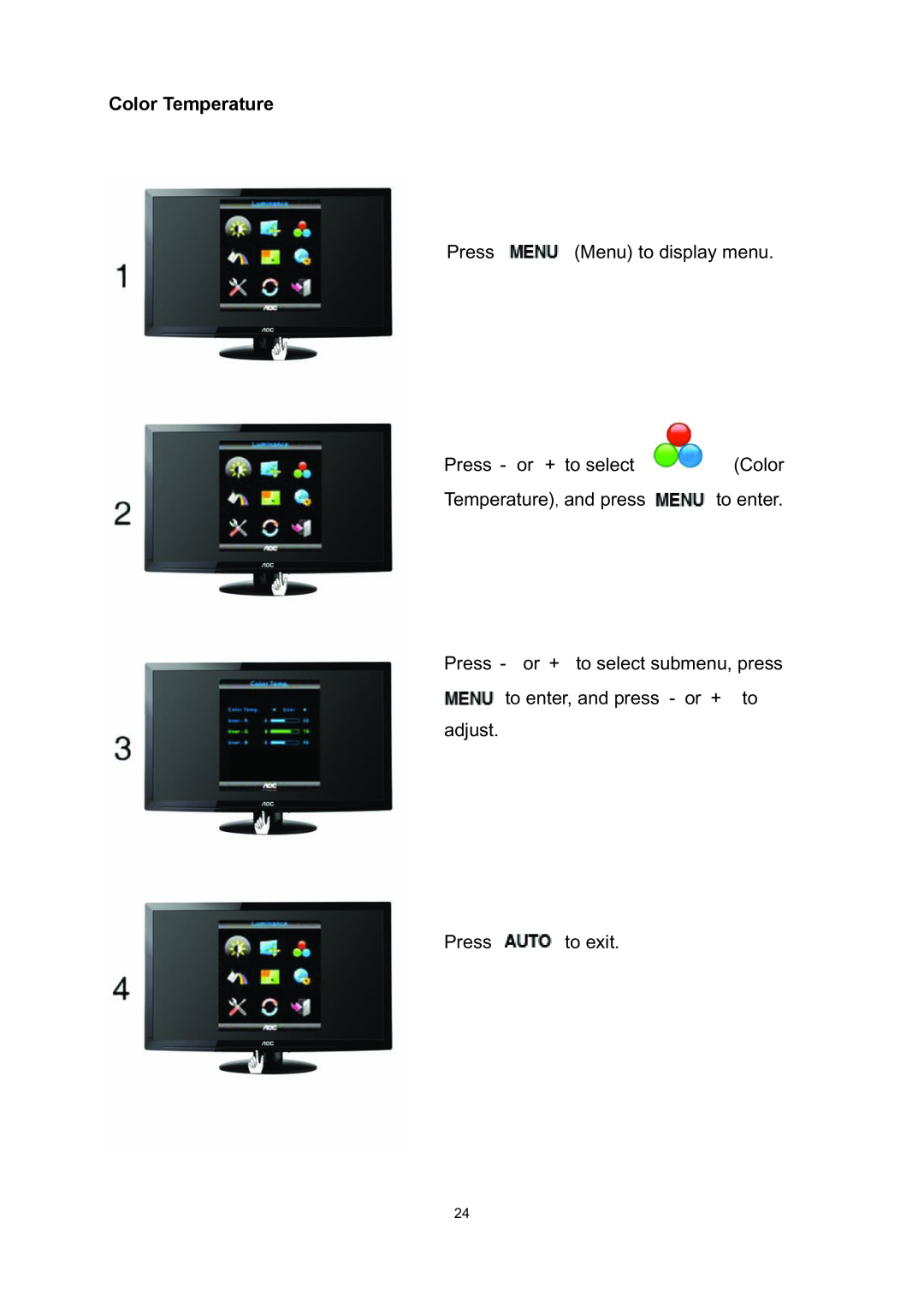 AOC E2795VH manual Color Temperature, Press Menu to display menu, Press - or + to select, Temperature , and press, to enter 