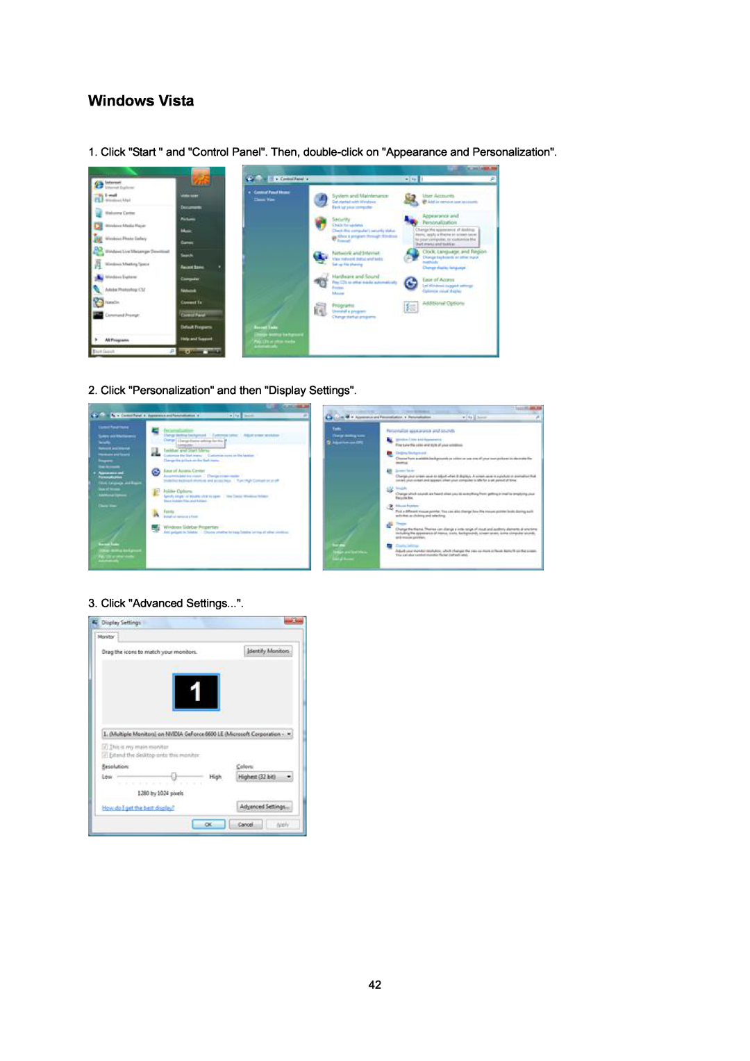 AOC E2795VH manual Windows Vista, Click Personalization and then Display Settings, Click Advanced Settings 