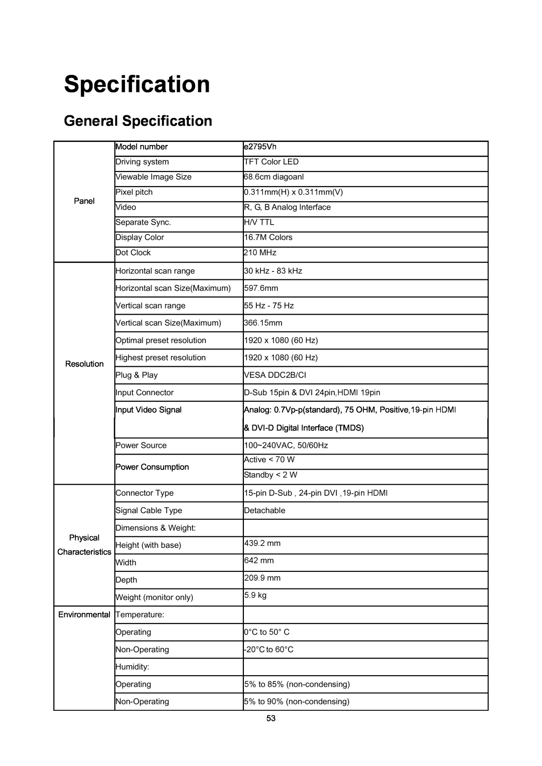 AOC E2795VH manual General Specification 