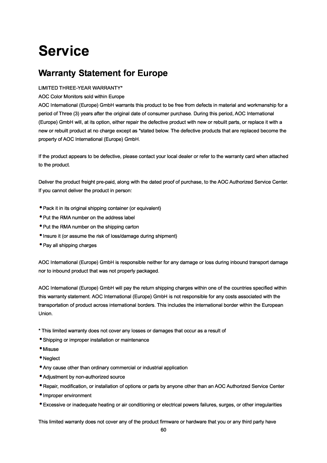 AOC E2795VH manual Service, Warranty Statement for Europe 