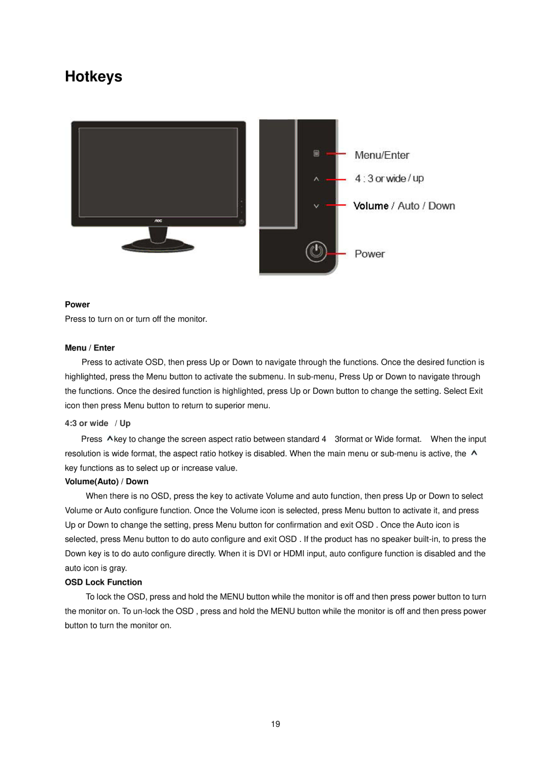 AOC E936SWA manual Hotkeys, Power, Menu / Enter, VolumeAuto / Down, OSD Lock Function 