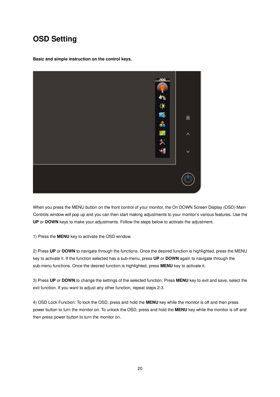 AOC E936SWA manual OSD Setting, Basic and simple instruction on the control keys 