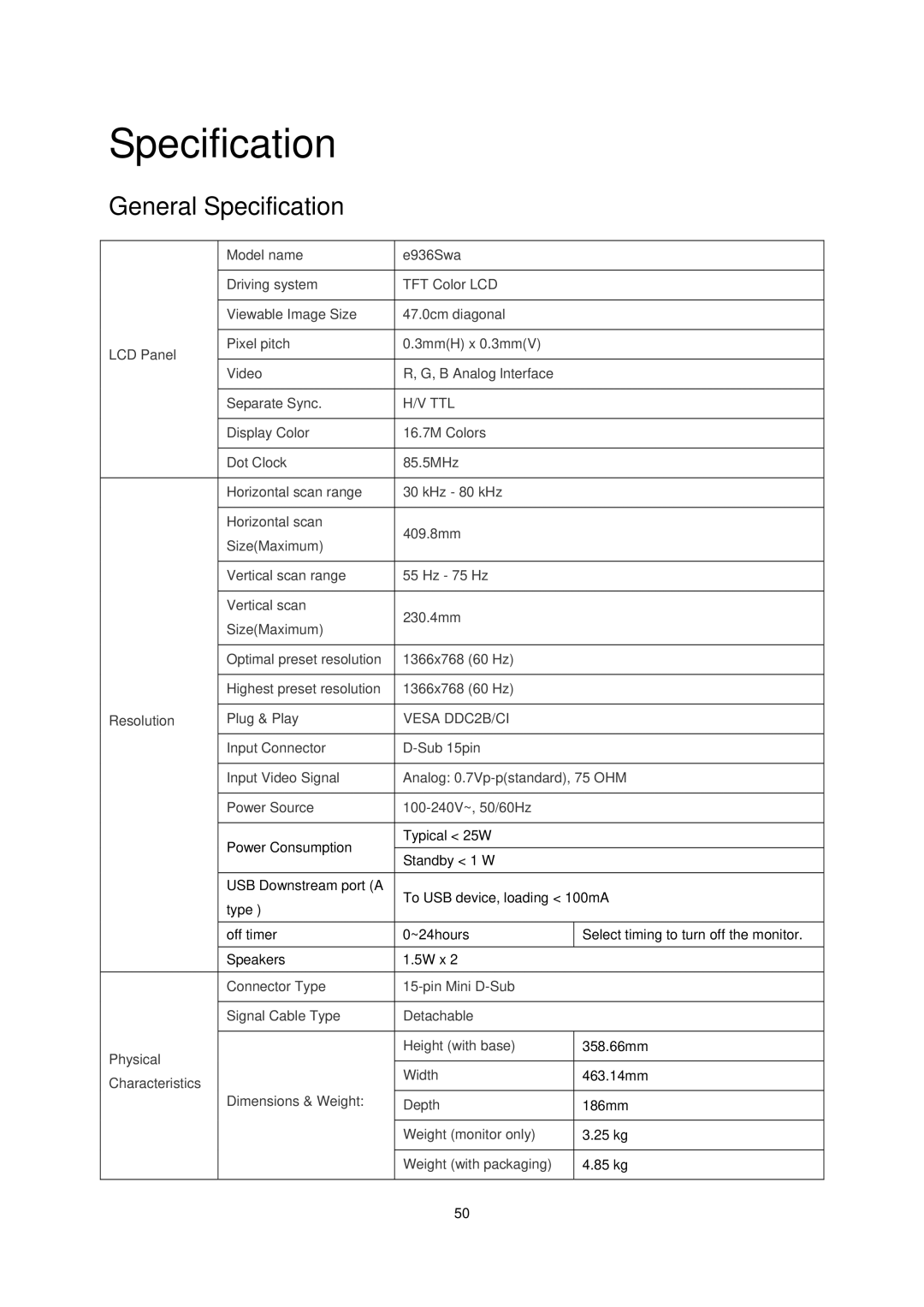 AOC E936SWA manual General Specification 