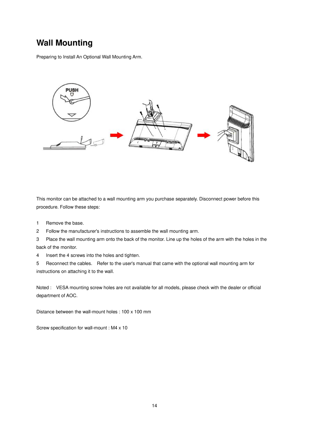 AOC E936SWA manual Wall Mounting 