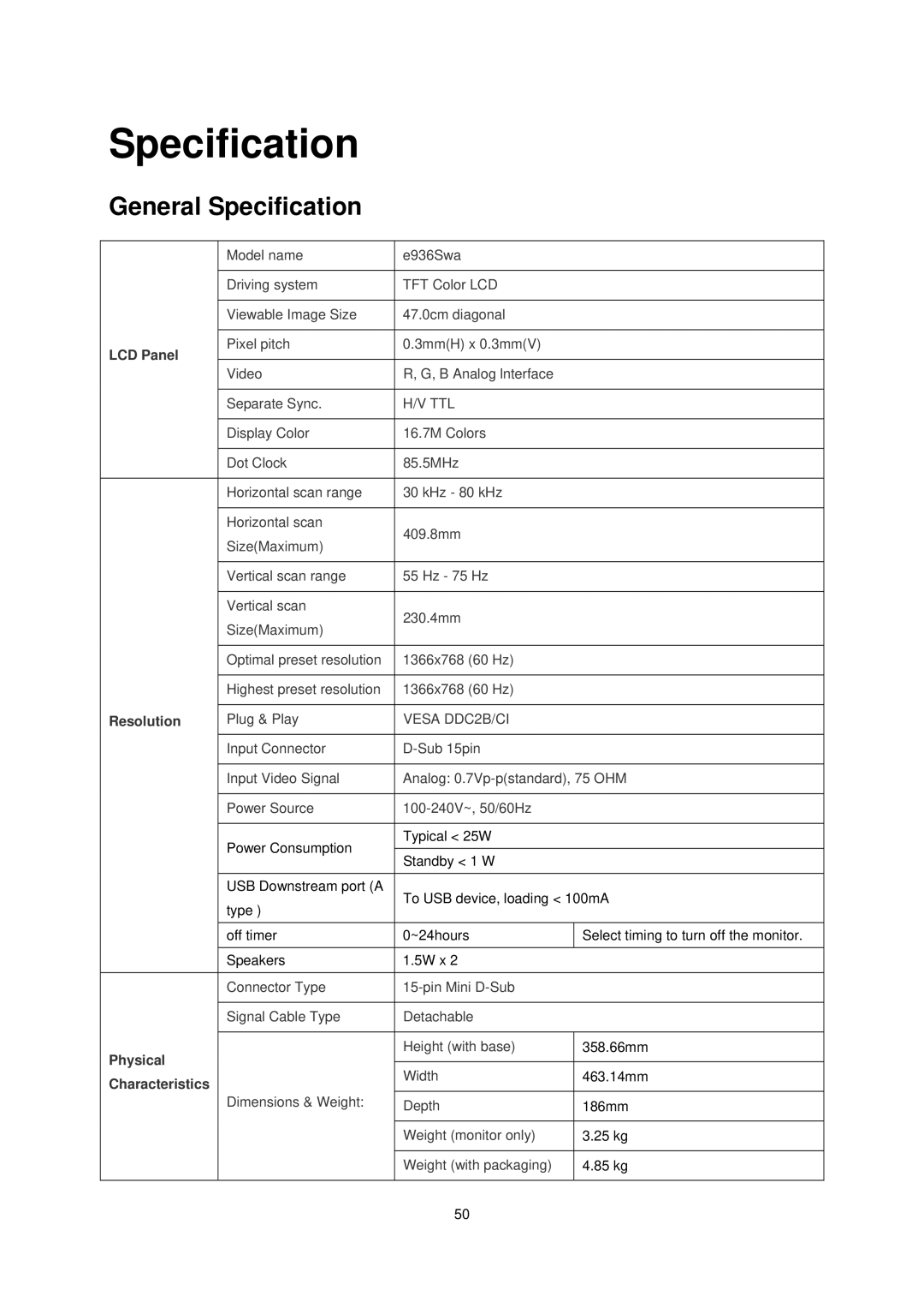 AOC E936SWA manual General Specification 