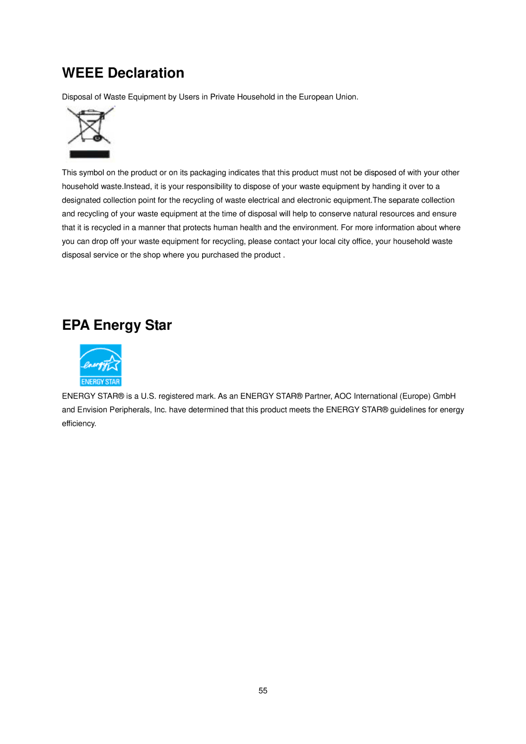 AOC E936SWA manual Weee Declaration, EPA Energy Star 