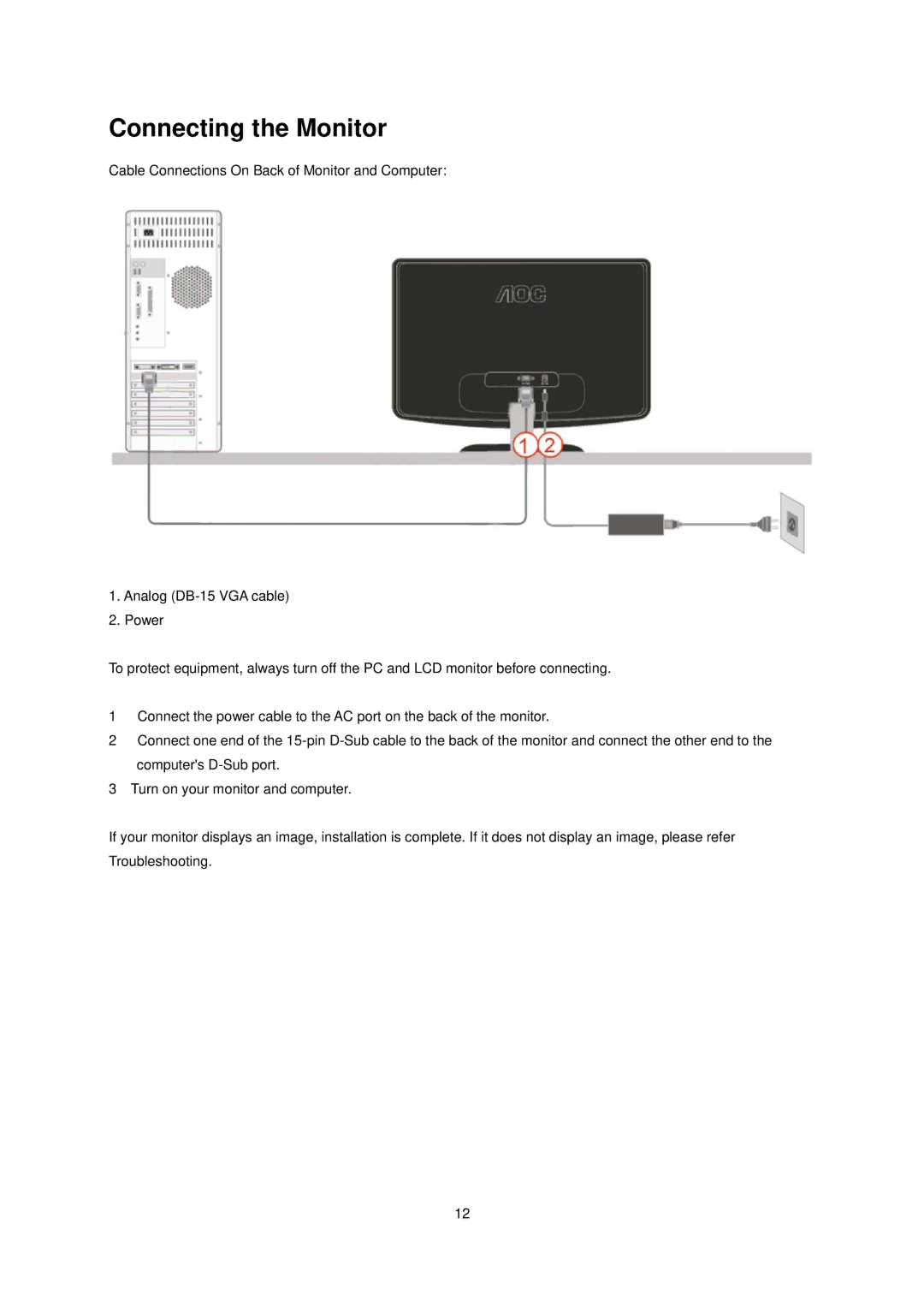 AOC e940Sw manual Connecting the Monitor 