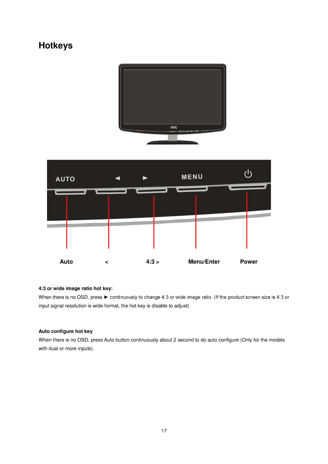 AOC e940Sw manual Hotkeys, Auto Menu/Enter 