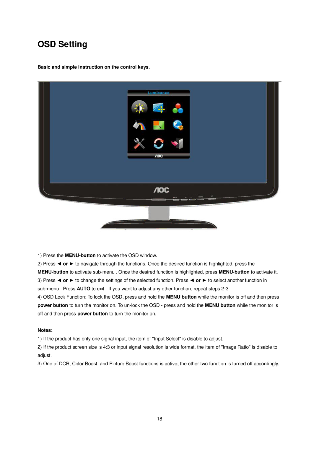 AOC e940Sw manual OSD Setting, Basic and simple instruction on the control keys 