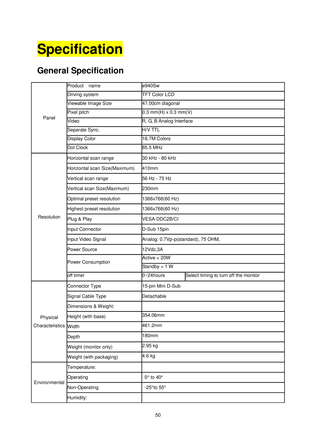 AOC e940Sw manual General Specification 