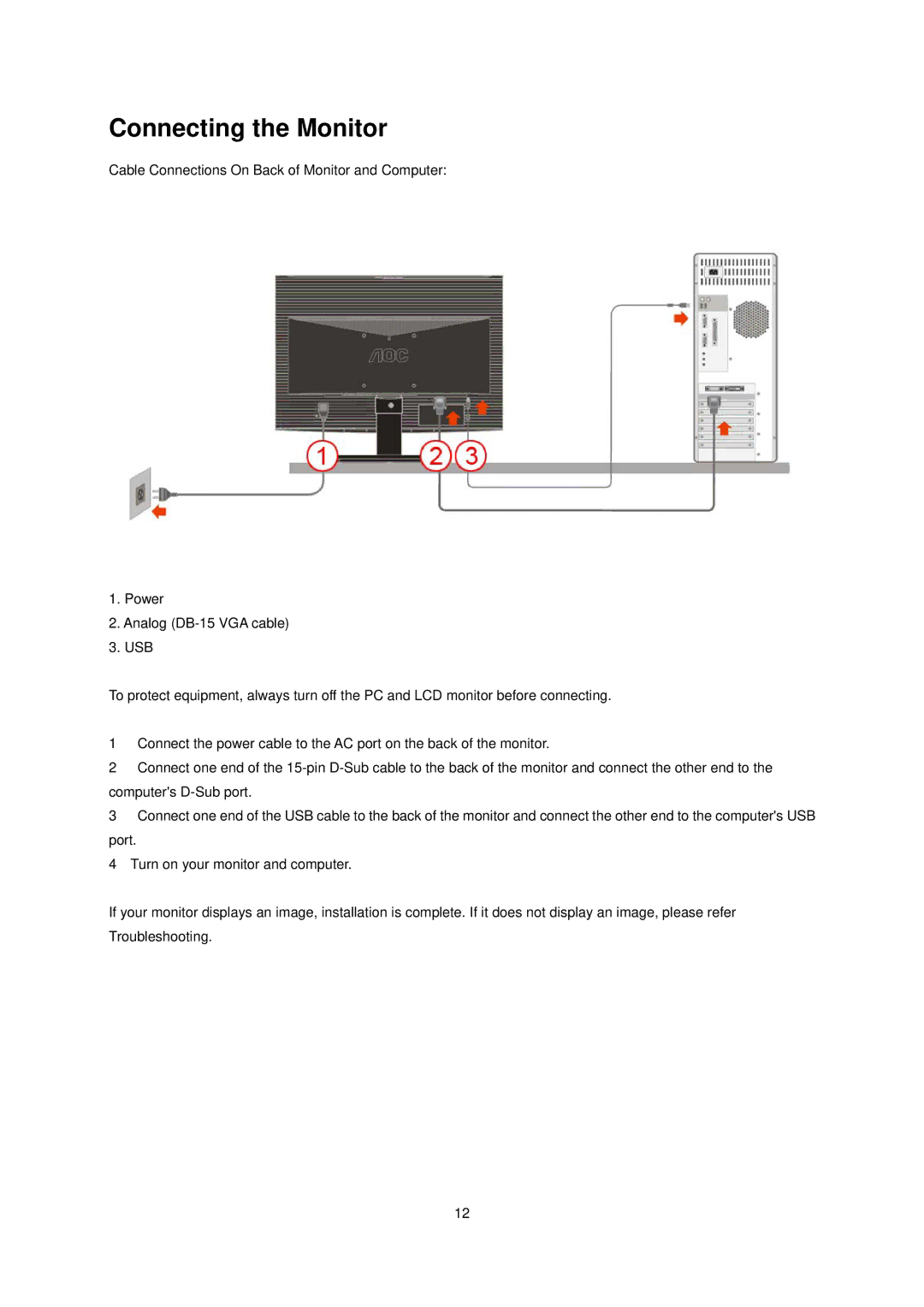 AOC e941Sw manual Connecting the Monitor 