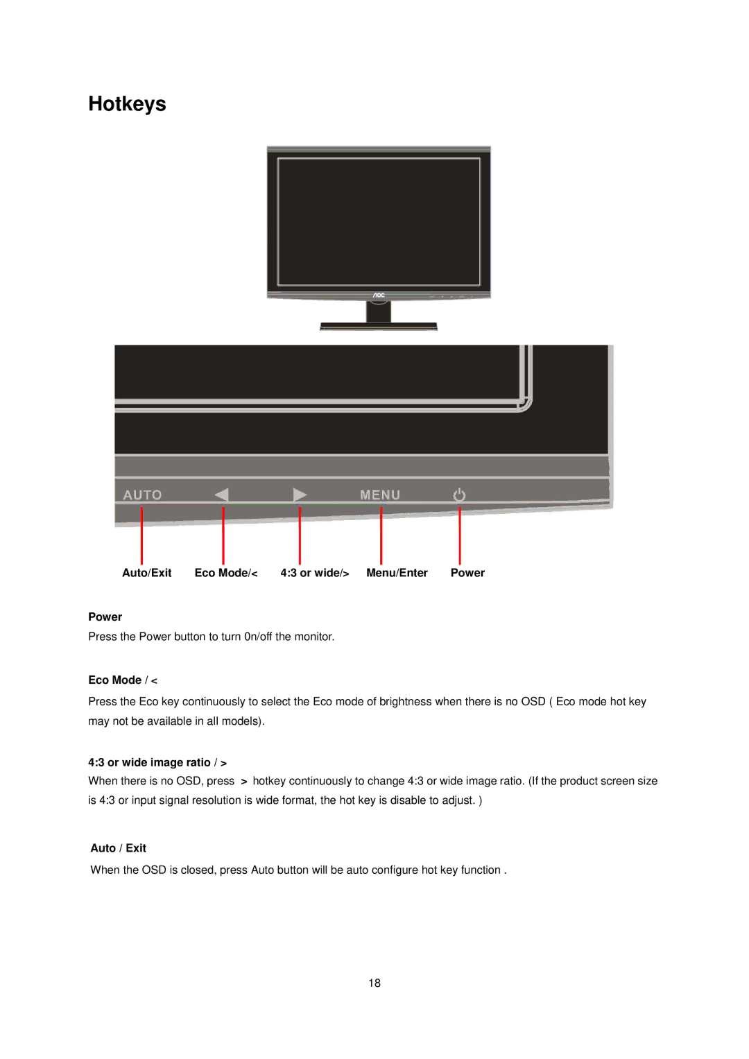 AOC e941Sw manual Hotkeys, Auto/Exit Eco Mode Or wide/ Menu/Enter, Power, Or wide image ratio, Auto / Exit 