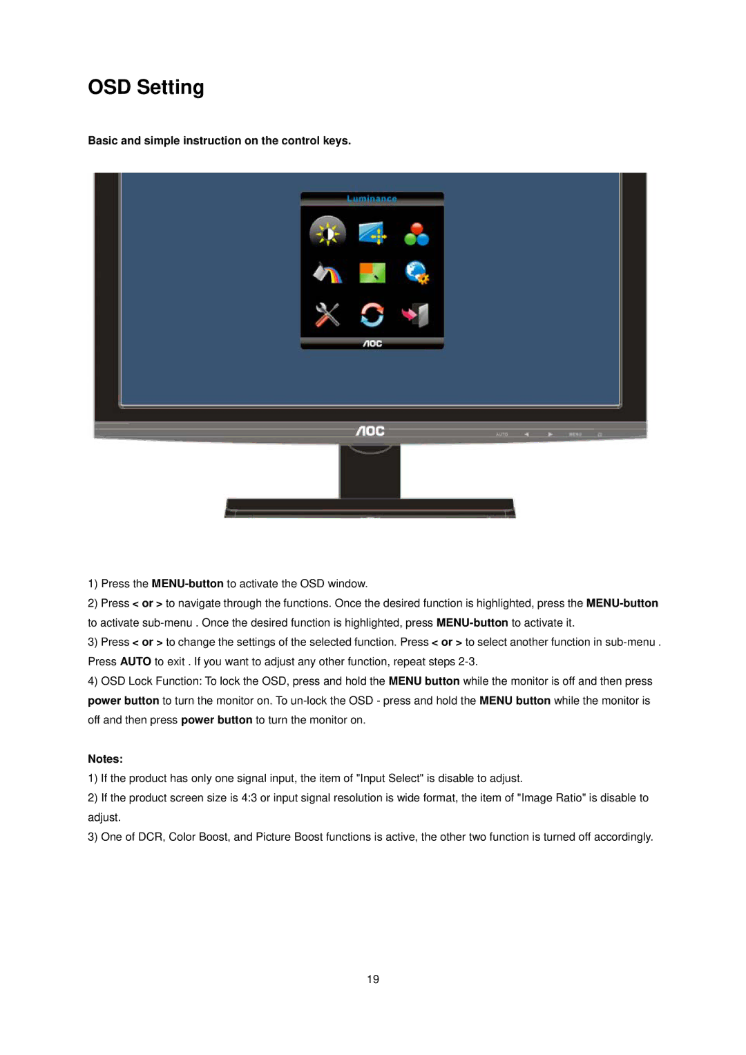 AOC e941Sw manual OSD Setting, Basic and simple instruction on the control keys 