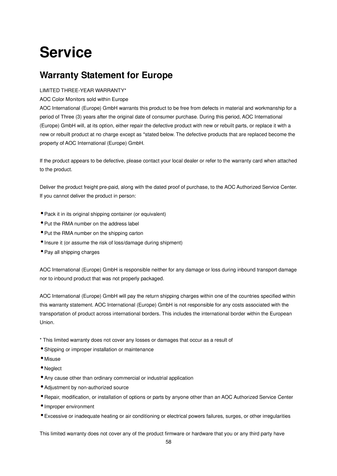 AOC e941Sw manual Service, Warranty Statement for Europe 