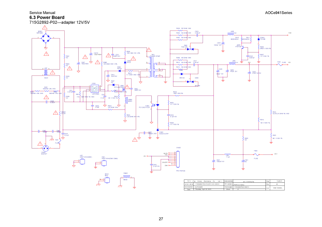 AOC E941VA, E941SA service manual Power Board, 715G2892-P02---adapter 12V/5V 