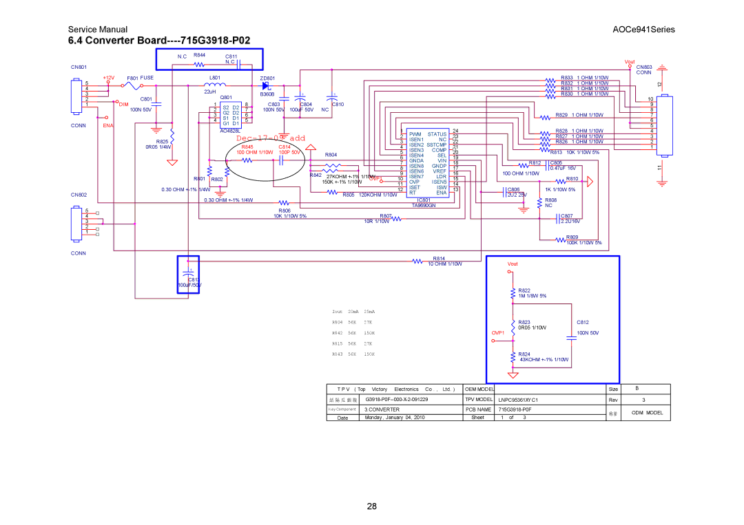 AOC E941SA, E941VA service manual Converter Board----715G3918-P02 