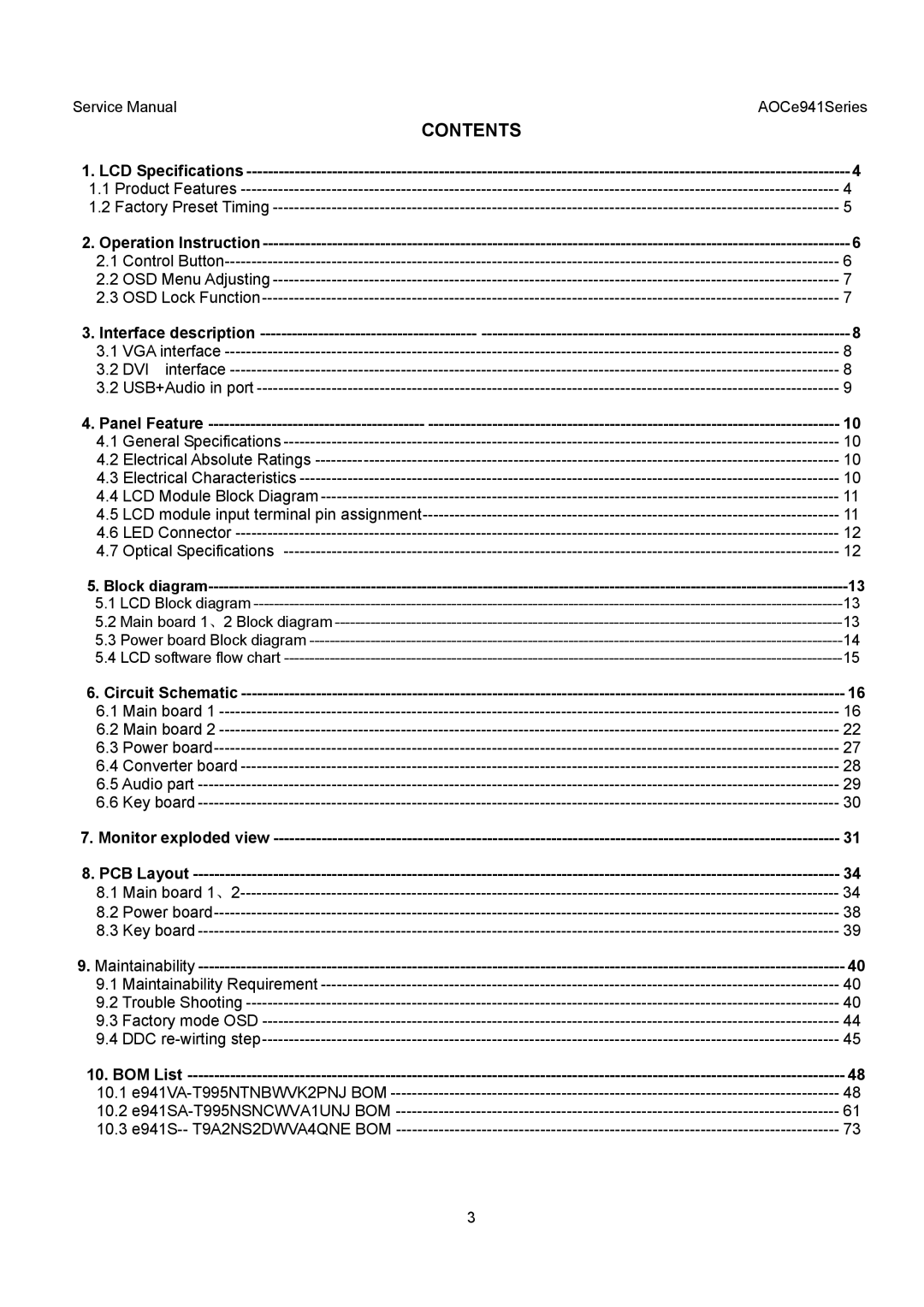 AOC E941VA, E941SA service manual Contents 