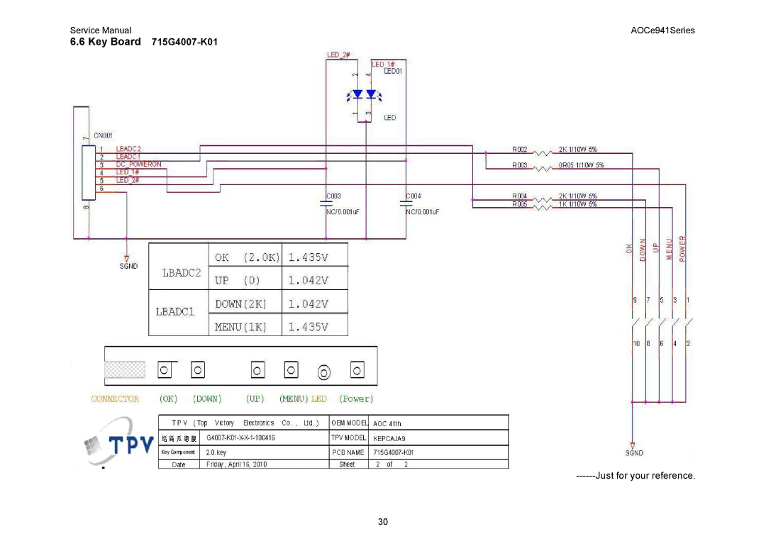 AOC E941VA, E941SA service manual Key Board 715G4007-K01 