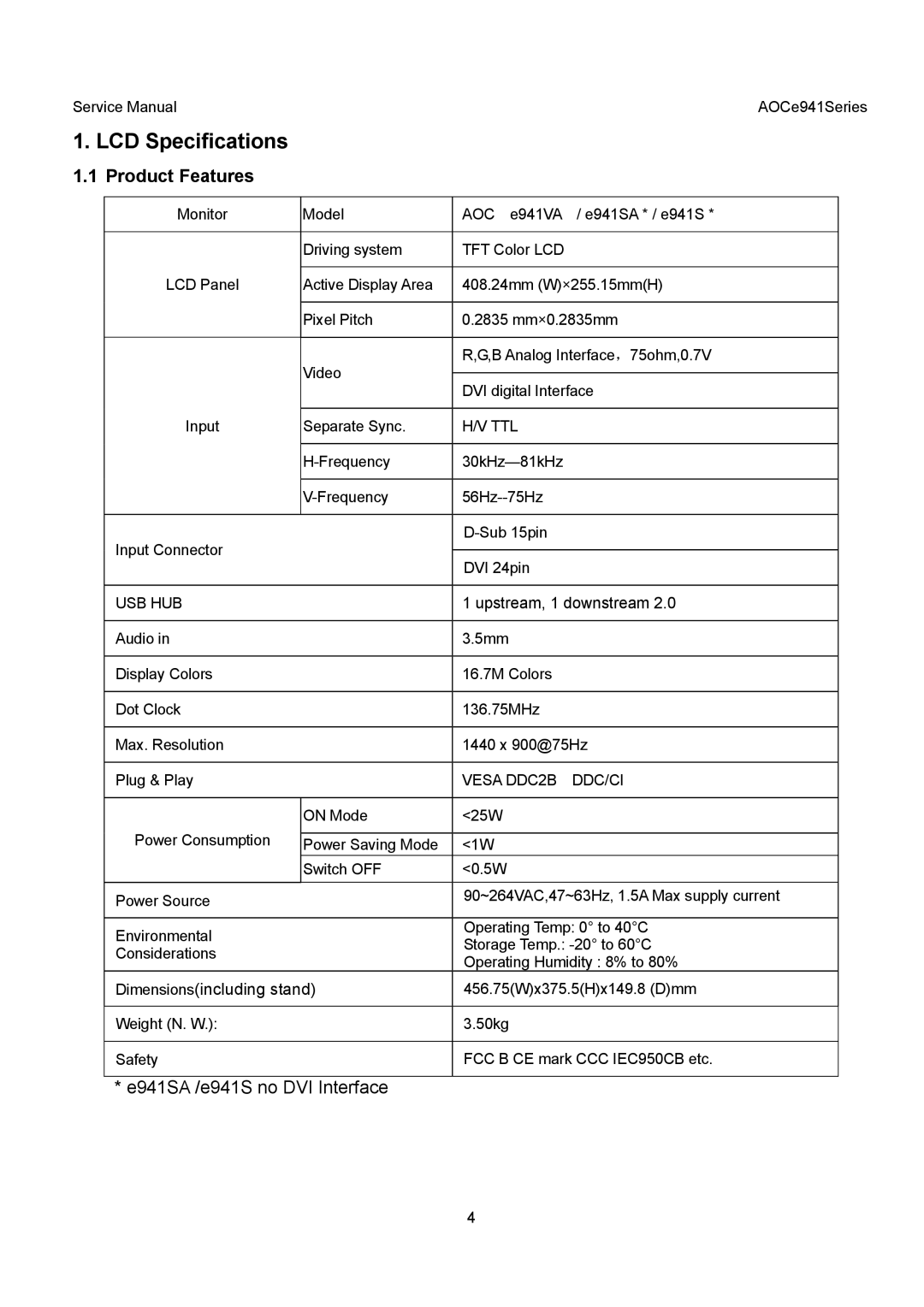 AOC E941SA, E941VA service manual LCD Specifications, Product Features, Ttl, Usb Hub, Vesa DDC2B DDC/CI 