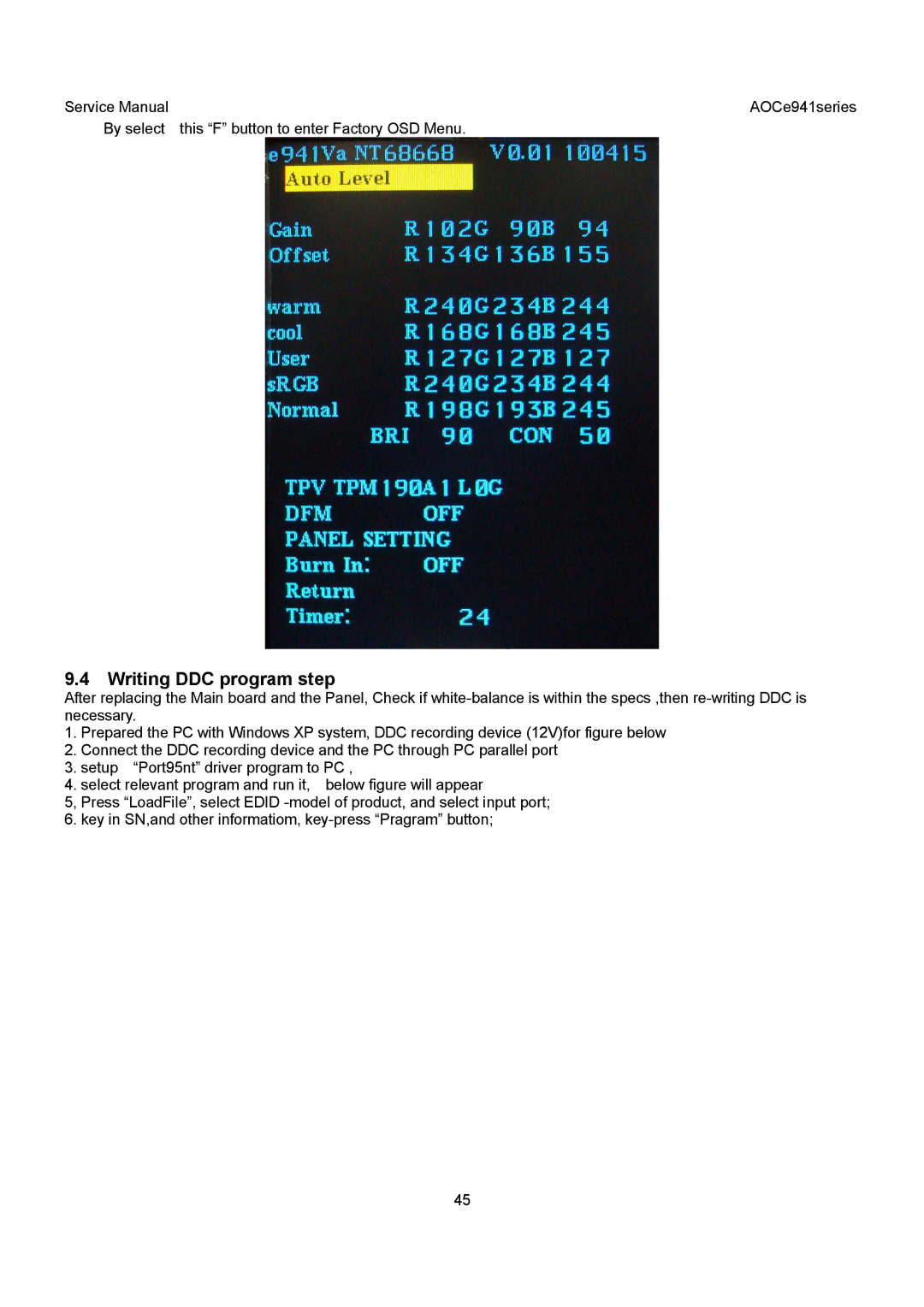 AOC E941VA, E941SA service manual Writing DDC program step 