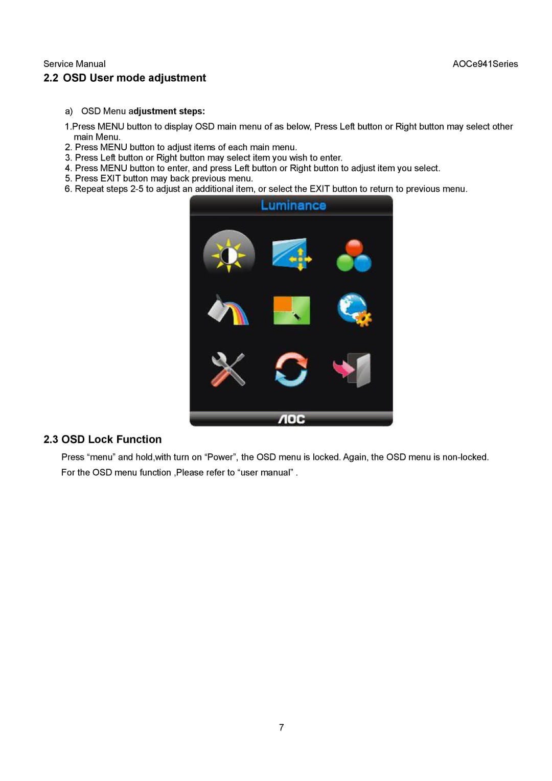 AOC E941SA, E941VA service manual OSD User mode adjustment, OSD Lock Function 