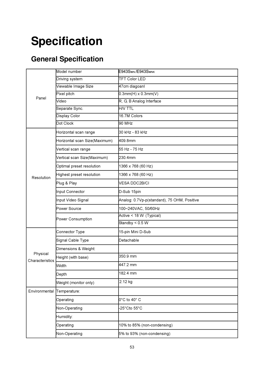 AOC E9435wn manual General Specification 