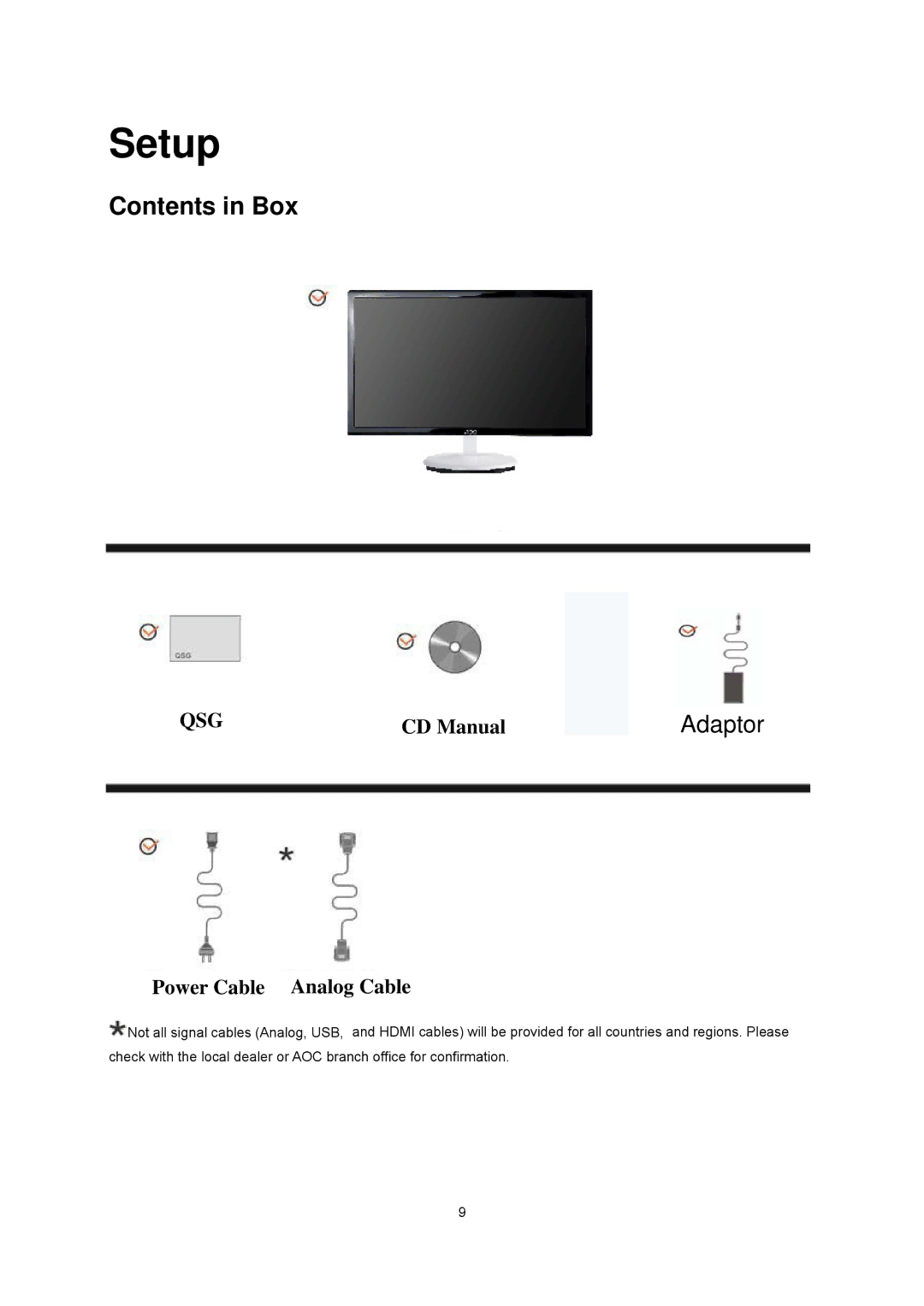 AOC E9435wn manual Setup, Contents in Box 