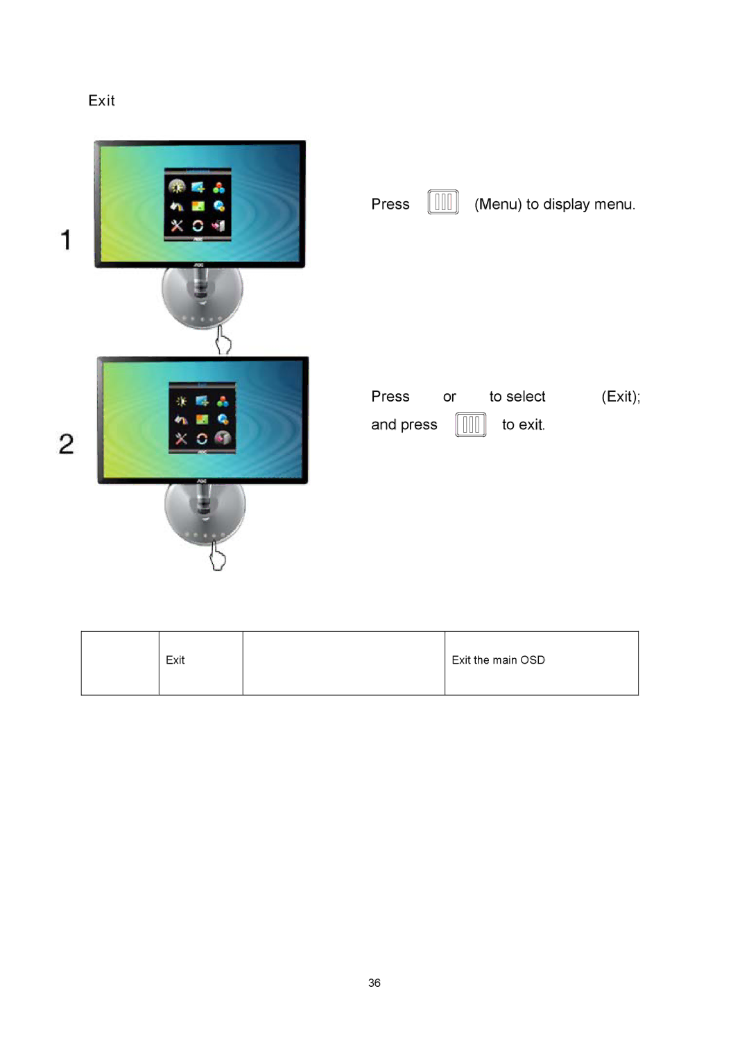 AOC E943FWSK, E943FWSB manual Exit 