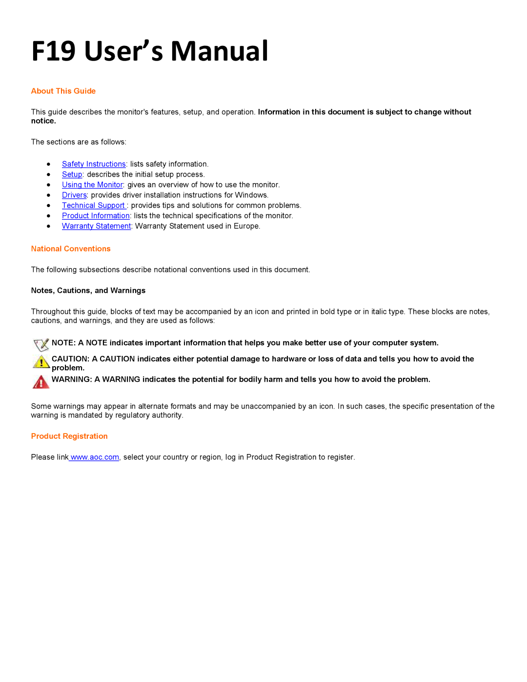AOC F19 user manual About This Guide, National Conventions, Product Registration 