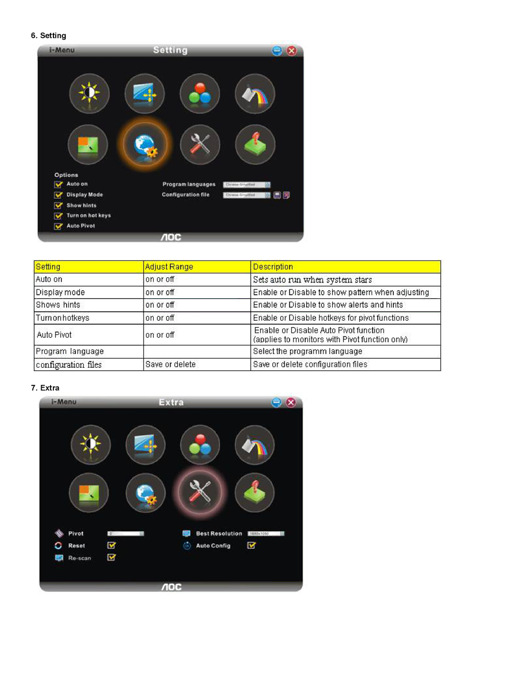 AOC F19 user manual Setting Extra 