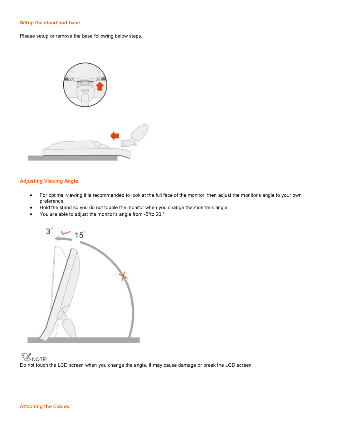 AOC F19 Setup the stand and base, Please setup or remove the base following below steps, Adjusting Viewing Angle 