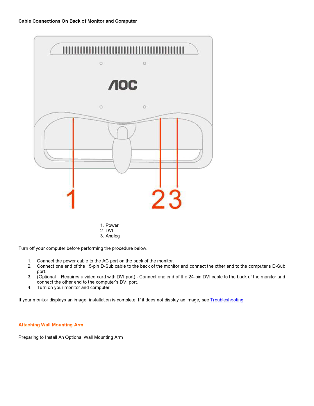 AOC F19 user manual Attaching Wall Mounting Arm, Preparing to Install An Optional Wall Mounting Arm 