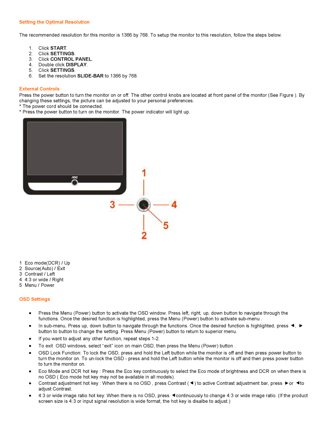 AOC F19 user manual Setting the Optimal Resolution, External Controls, OSD Settings 