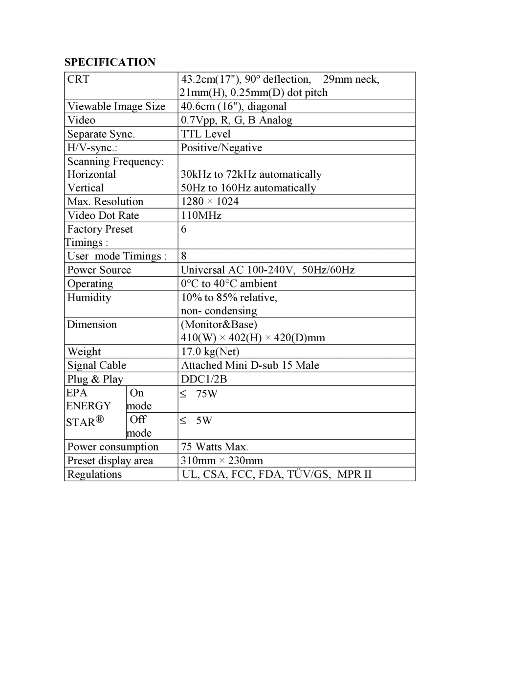 AOC FT700 user manual Specification, Crt 