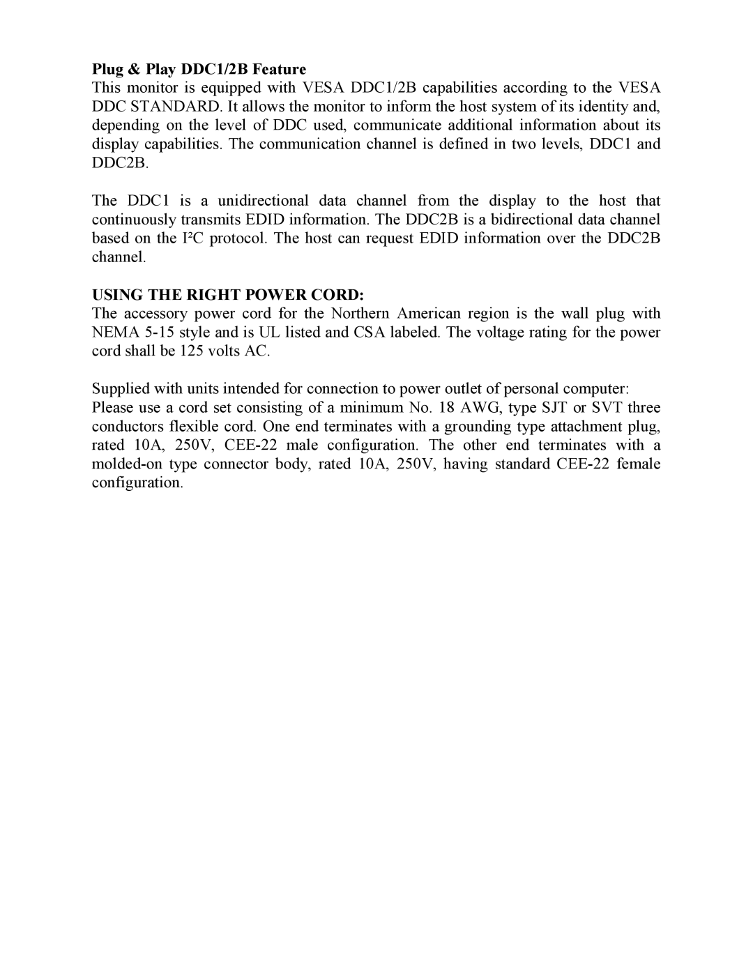 AOC FT710 user manual Plug & Play DDC1/2B Feature, Using the Right Power Cord 