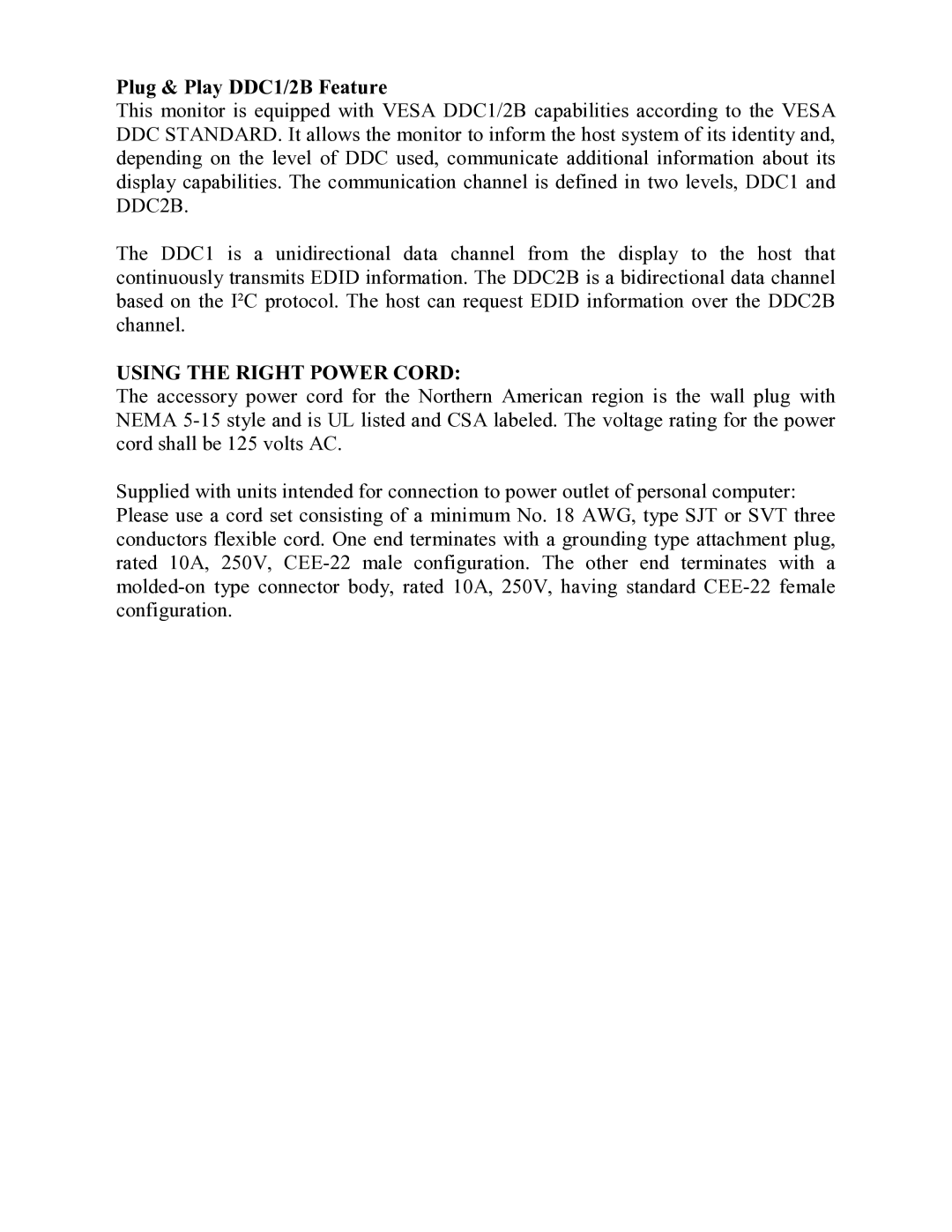 AOC FT920 user manual Plug & Play DDC1/2B Feature, Using the Right Power Cord 