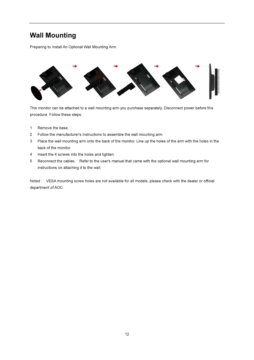 AOC G2460Pqu user manual Wall Mounting 